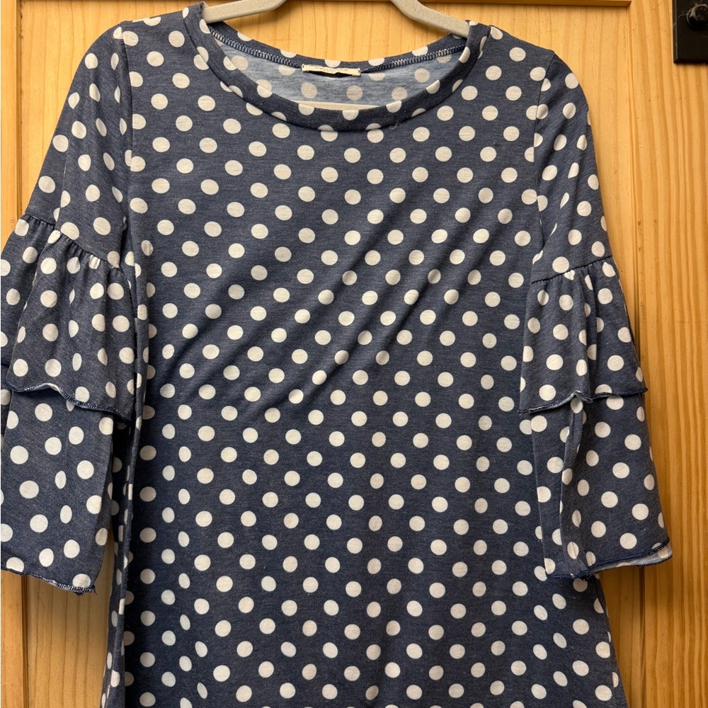 Promesa Navy and White Polka Dot Ruffle Sleeve Tunic